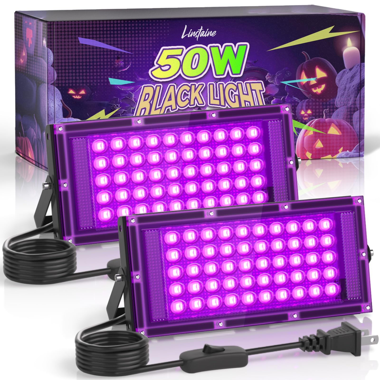 Photo 1 of 2 Pack 50W LED Black Light, Blacklight Flood Light for Glow Party IP66 Waterproof, Outdoor Black Lights with Switch&Plug for Halloween, Glow in The Dark, Neon Party, Fluorescent Poster, Birthday