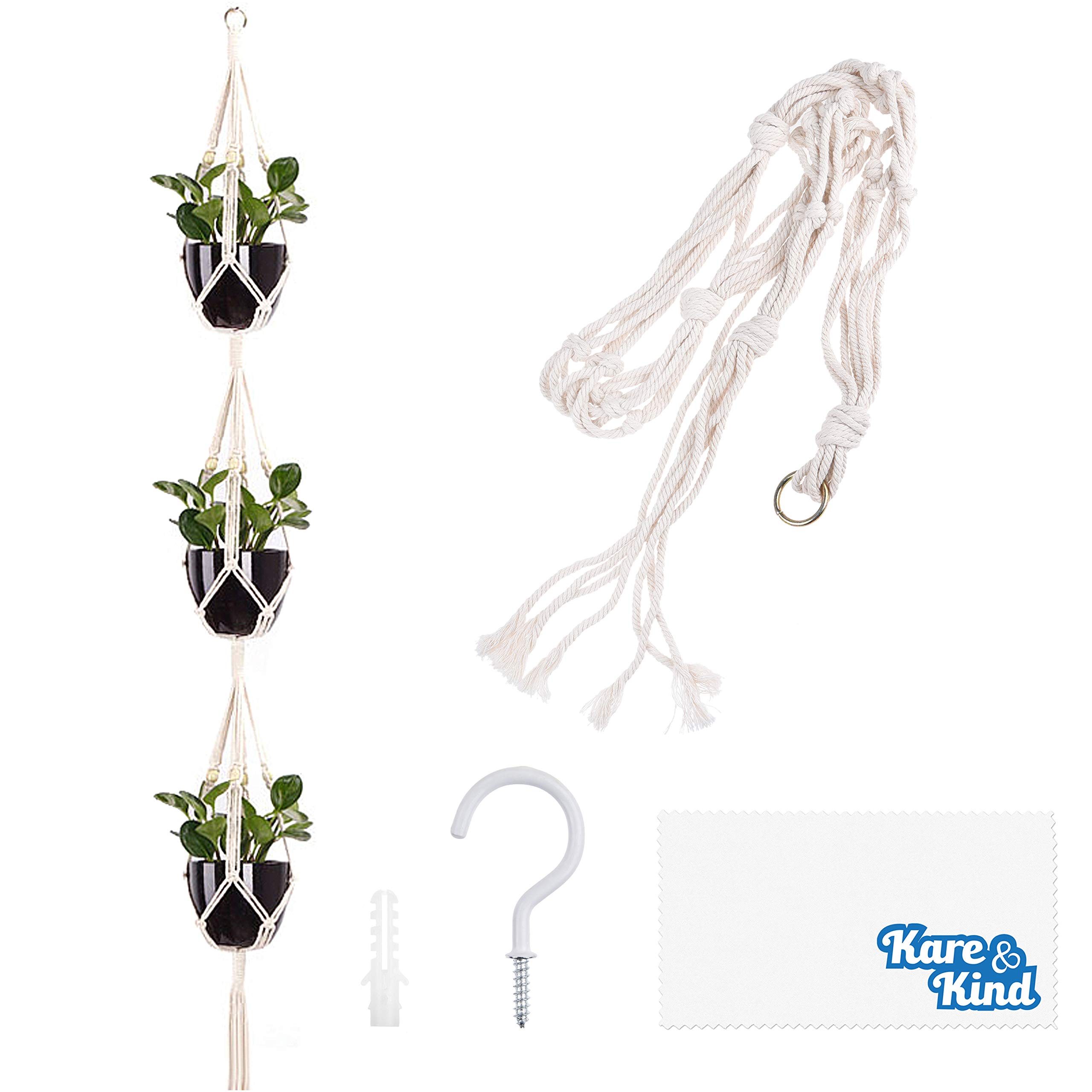 Kare & Kind 3-Tier Macrame Plant Hanger - Includes a Hook, Expansion Bolt, Cleaning Cloth - 3 Pot Display - Cotton Rope Material- for Flower Pots and Hanging Plants - Indoor and Outdoor Use