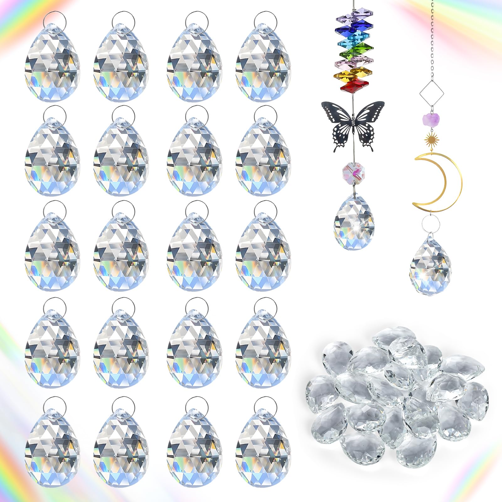 Pack of 20 Crystals for Hanging, 37 mm Glass Sun Catcher with 20 Metal Rings, Suncatcher, Prism Drops for Chandelier Pendants, Window Ornament, Craft Decoration