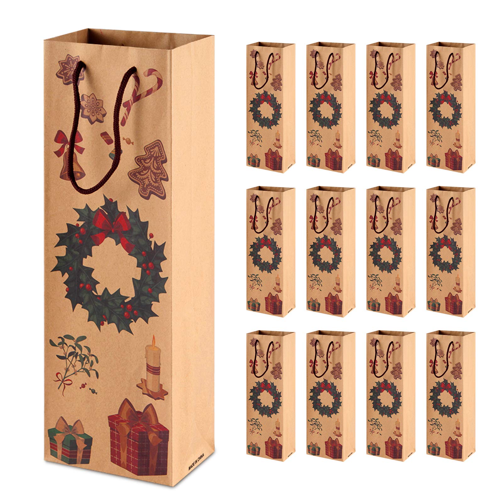 Siumir Christmas Bottle Bags, 12 PCS Wine Gift Bags, 5 x3 x14" Brown Paper Bottle Bags for Wine, Champagne