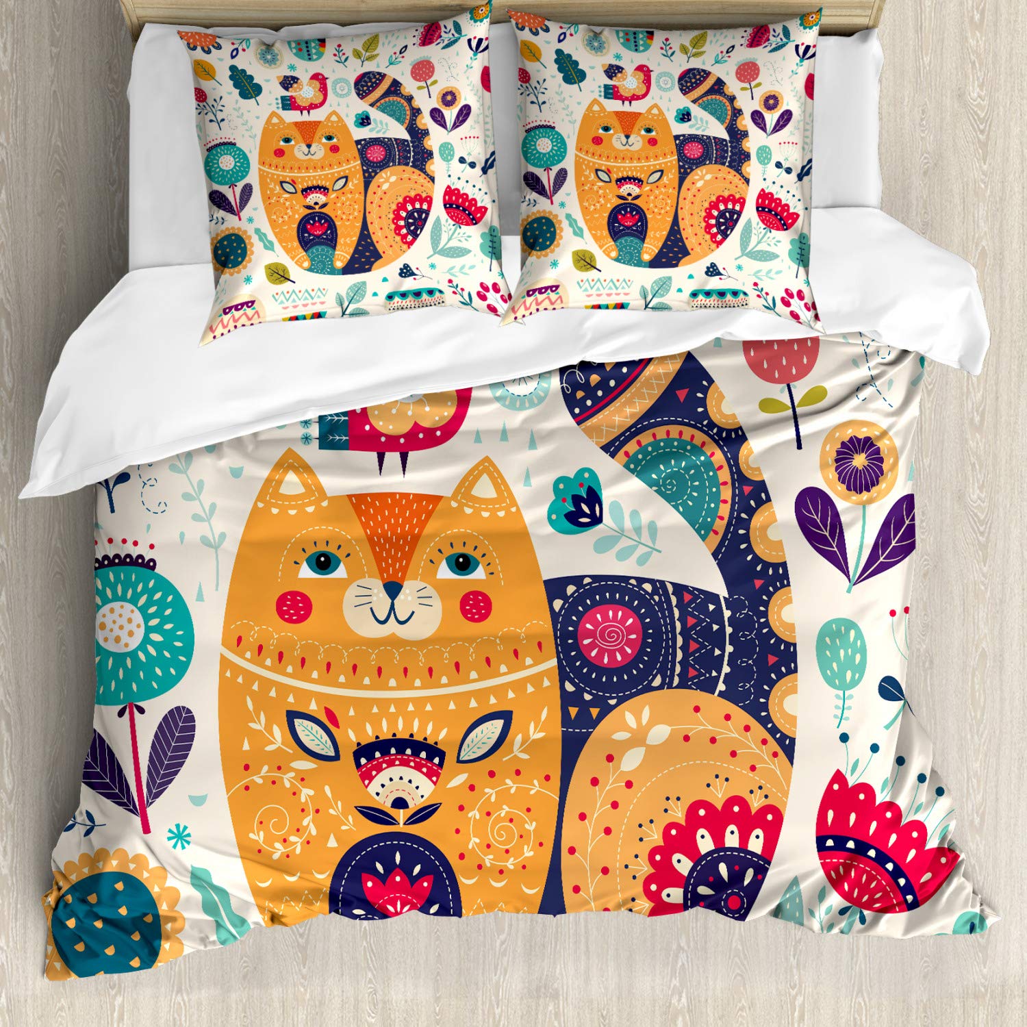 ABAKUHAUS Cat Bedding Set for Double Beds, Scandinavian Floral Motifs, Soft Microfiber Fabric Allsuitable No Fading, Bright Orange Vermilion Red Baby Blue Eggshell colors — image 1