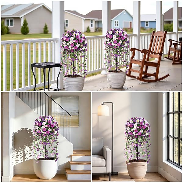 GROOY ARTIFICIAL PLANTS FLOWERS TOPIARY BALL FOR OUTDOOR, 2 PACK FAKE PURPLE SILK MORNING GLORY PLANT BUSHES, UV RESISTANT REALISTIC PLANTS SHURBS FOR OUTSIDE,FRONT PORCH,PATIO,YARD