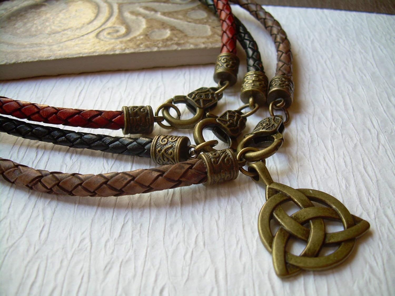 Mens Leather Braided Necklace with an antique bronze toned