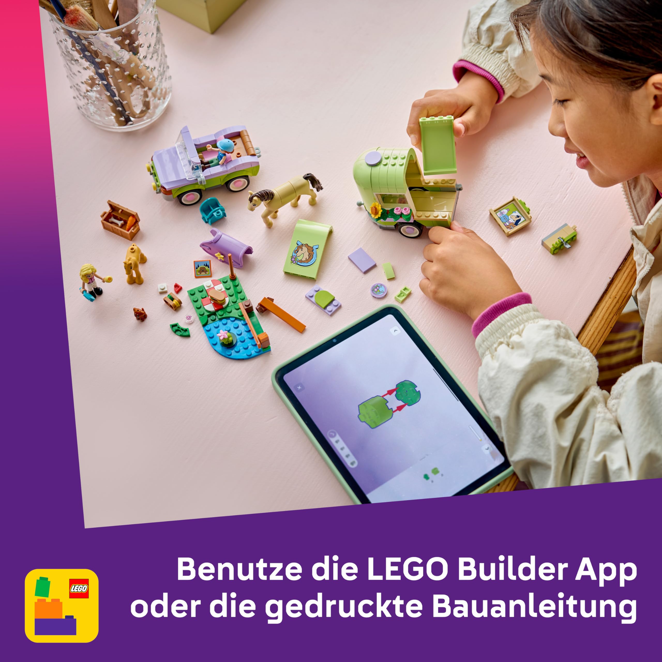 LEGO Friends Pferd und Fohlen mit Pferdeanhänger - Pferde Spielset mit Pflegezubehör, 4 Tierfiguren, Auto & 2 Mini Puppen - Geschenkidee zum Geburtstag für Mädchen ab 7 Jahren - 42695 6