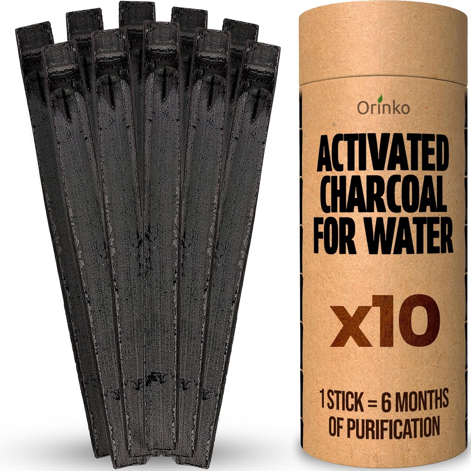 ORINKO® Charcoal Water Filter Sticks x10 – Natural Takesumi Activated Carbon for Water Purification – Sustainable Binchotan Bamboo Filter Kit for Pitchers & Tap Water