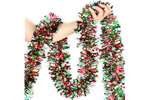SURCVIO 50ft Metallic Twist Tinsel Garland - Shiny Hanging Ornaments for Christmas Tree & Holiday Home Decoration - Red, Green, Black