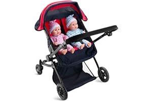 HUSHLILY Double Doll Stroller for Twin Baby Dolls - Convertible Seat Toy Stroller for Toddlers 3 Years and up, Adjustable Handle with Storage Basket, Red Design for Kids