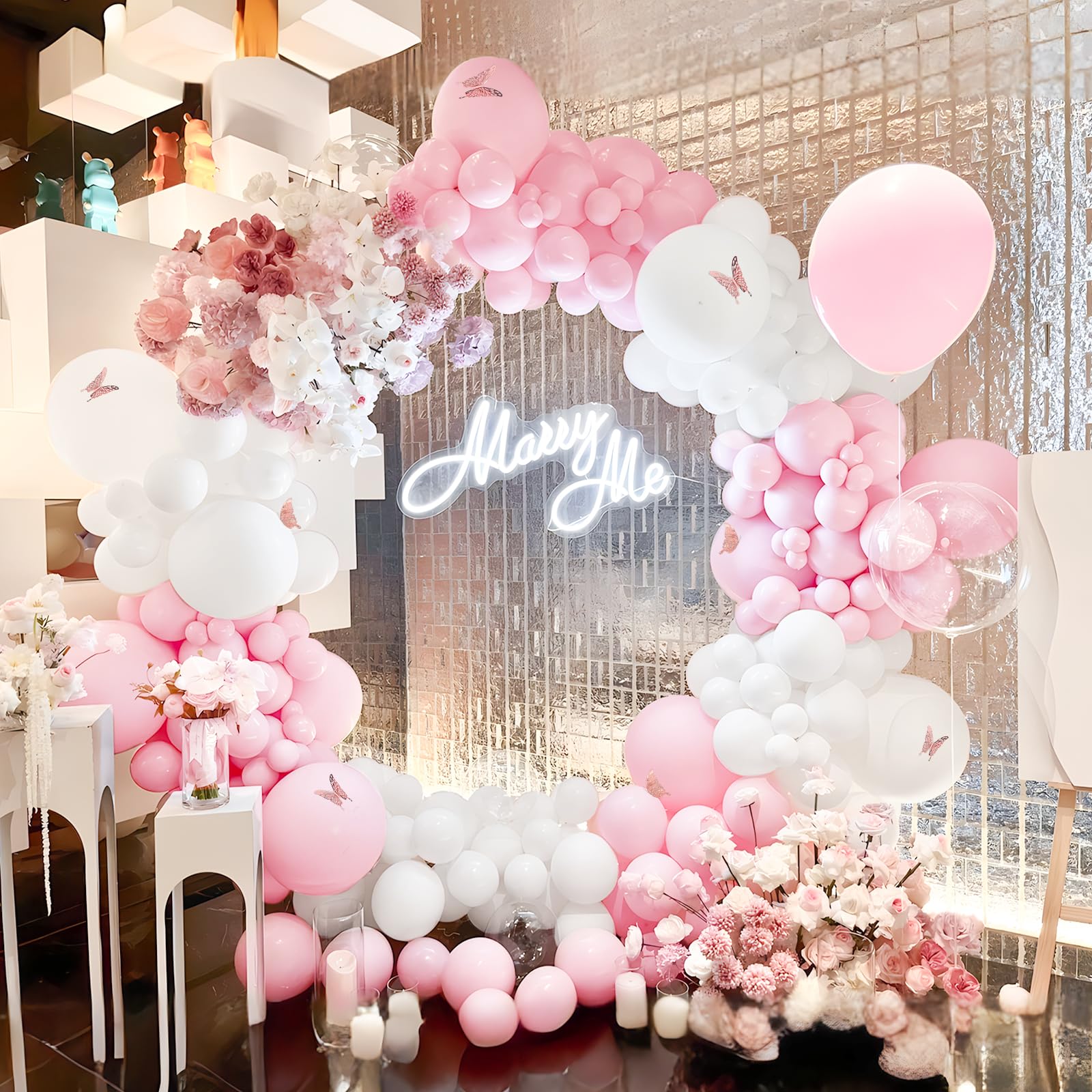 Pink White Balloon Arch Kit,151 Pcs Pastel Pink Balloon Garland Kit with Butterfly Stickers Latex Balloons Different Sizes 18/12/10/5 Inch for Wedding Bridal Shower Baby Shower Party Decorations
