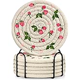 Kokaaee Cup Coasters for Drinks Absorbent - for Coffee Wooden Table Office Home Farmhouse Outdoor Rustic Desk Cup Mat Soft Woven Cloth Braided Fabric Cute Strawberry Coaster Set of 6 with Holder