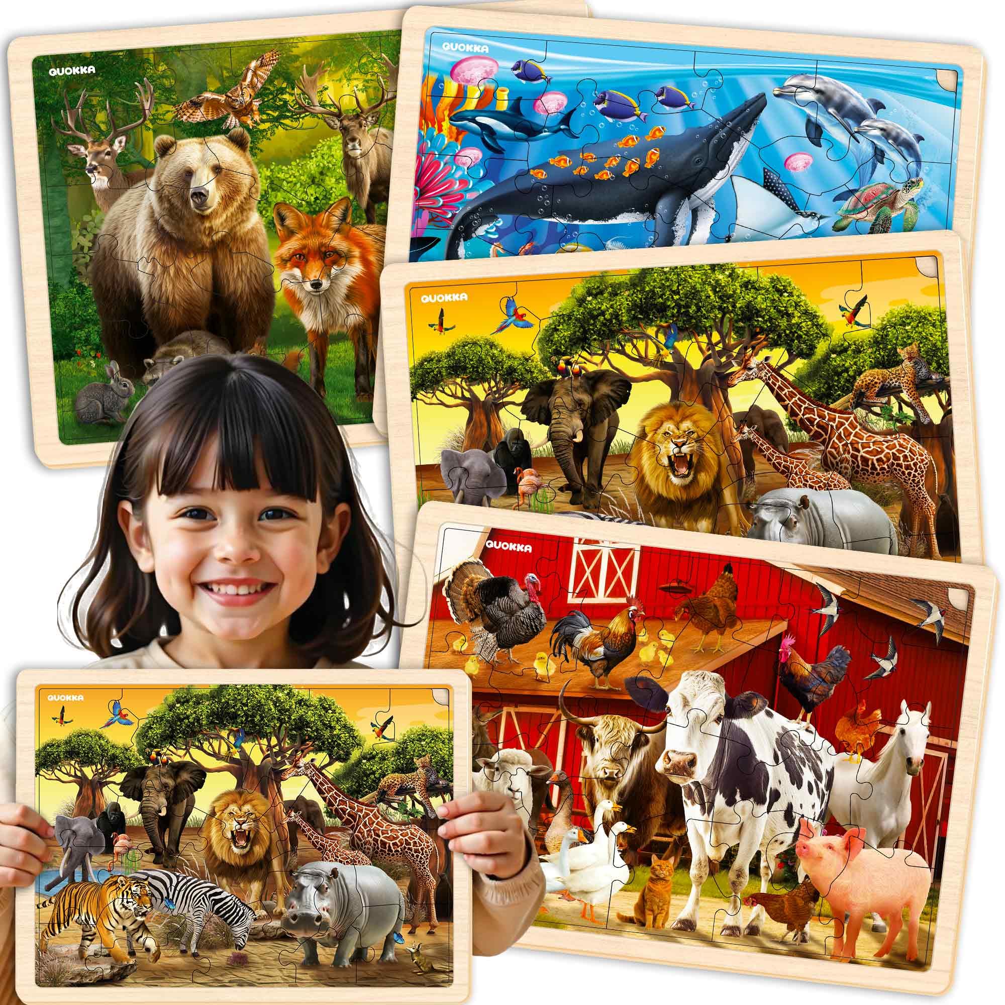 QUOKKA Wooden Kids Puzzles For 3 4 Year Olds - 4x24 Pcs Jigsaws For Children Age 4 5 - Toddler Toys Realistic Animals - Gift for Girls and Boys 4 6 8