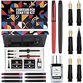 Wordsworth and Black Fountain Pen Set - Black - Includes 2 Pens, 18 ML Ink Bottle, 60 Ink Cartridges, A Refill Converter, 1 Medium and 4 Broad Nibs, Brush Pen - Fountain Pen Kit for Beginners