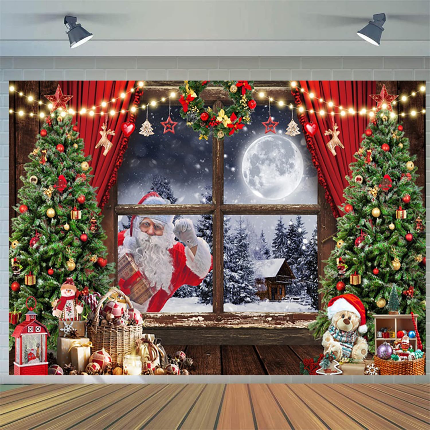 10x8FT Christmas Backdrop Xmas Tree Rustic Wooden Window Moon Night Santa Claus Snow Scene Photography Background Family Winter Holiday New Year Party Decorations Banner Photo Booth Props
