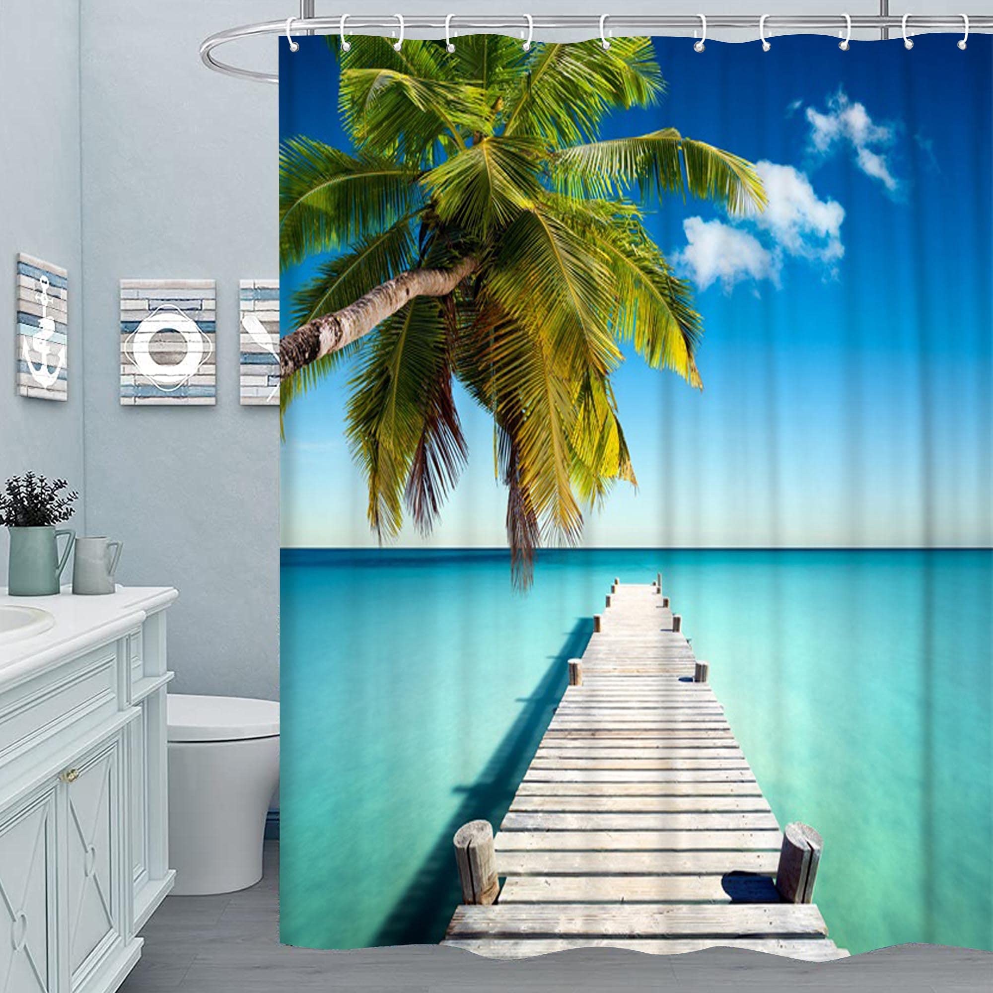 M&W DAS DESIGN Shower Curtain Sea Wood Pier Bridge Plants Palm Trees Textile Sky Cloud Curtain Mildew Resistant Ocean Blue Waves Holiday Relax Including 12 C-Rings Weight Bottom 180 x 200 cm (W x H)