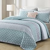 Cottolester Aqua Quilt Set Queen Size Boho Striped Bedspread Lightweight Soft Microfiber Bedding Set 96"x90" (3 Pieces)