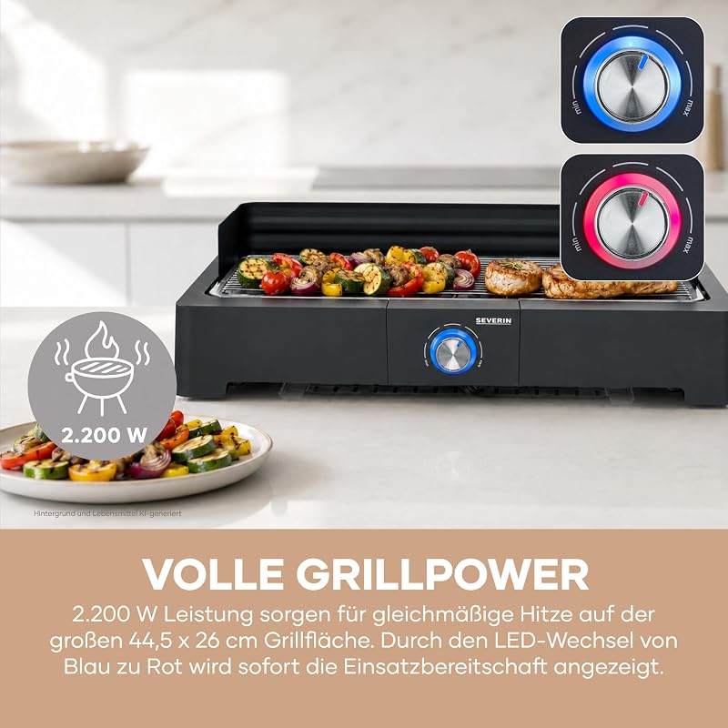 Tischgrill mit Edelstahl-Grillrost für drinnen und draußen, Elektrogrill mit schnellem Grill-Start, Balkon Grill ohne Verbrennungsgefahr, Schwarz, PG 8565