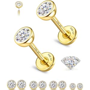 GEMQUEEN 8 Pcs Moissanite Nose Studs Flat Back Earrings 16G/18G/20G | 14K Gold Plated Hypoallergenic Nose Studs, Moissanite N