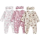 mlpeerw Newborn Baby Girl Clothes Bow Floral Footed Jumpsuit Ruffle Zipper Romper And Headband Cute 6pcs Coming Home Outfit