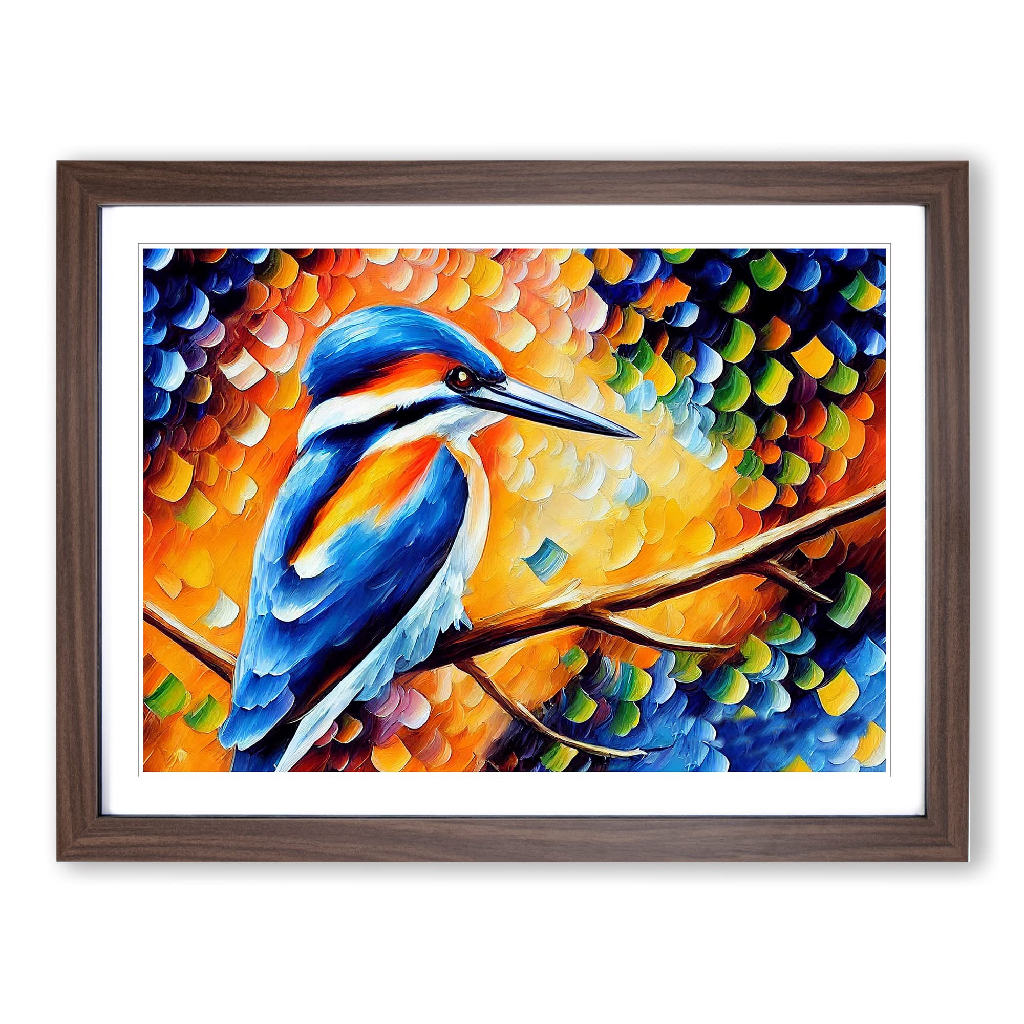 Kingfisher Bird Painting Vol.4 Abstract Framed Print | A4 Walnut Framed Wall Art | Ready to Hang | Abstract Historical Picture | Living Room Bedroom Lounge Office