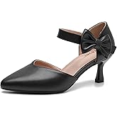 fereshte Women's Pointed Toe Bow Ankle Strap Kitten Heel Pumps, D'Orsay Style Dress Shoes