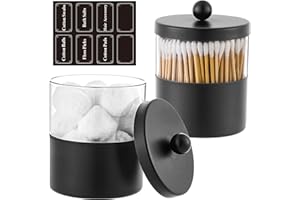 Gaussra Black Apothecary Jars, Black Qtip Holder - Stainless Steel Bathroom Jar with Stickers - Farmhouse Decor Qtip Dispenser for Qtips, Cotton Balls, Swabs, Makeup Sponges (2-Pack)