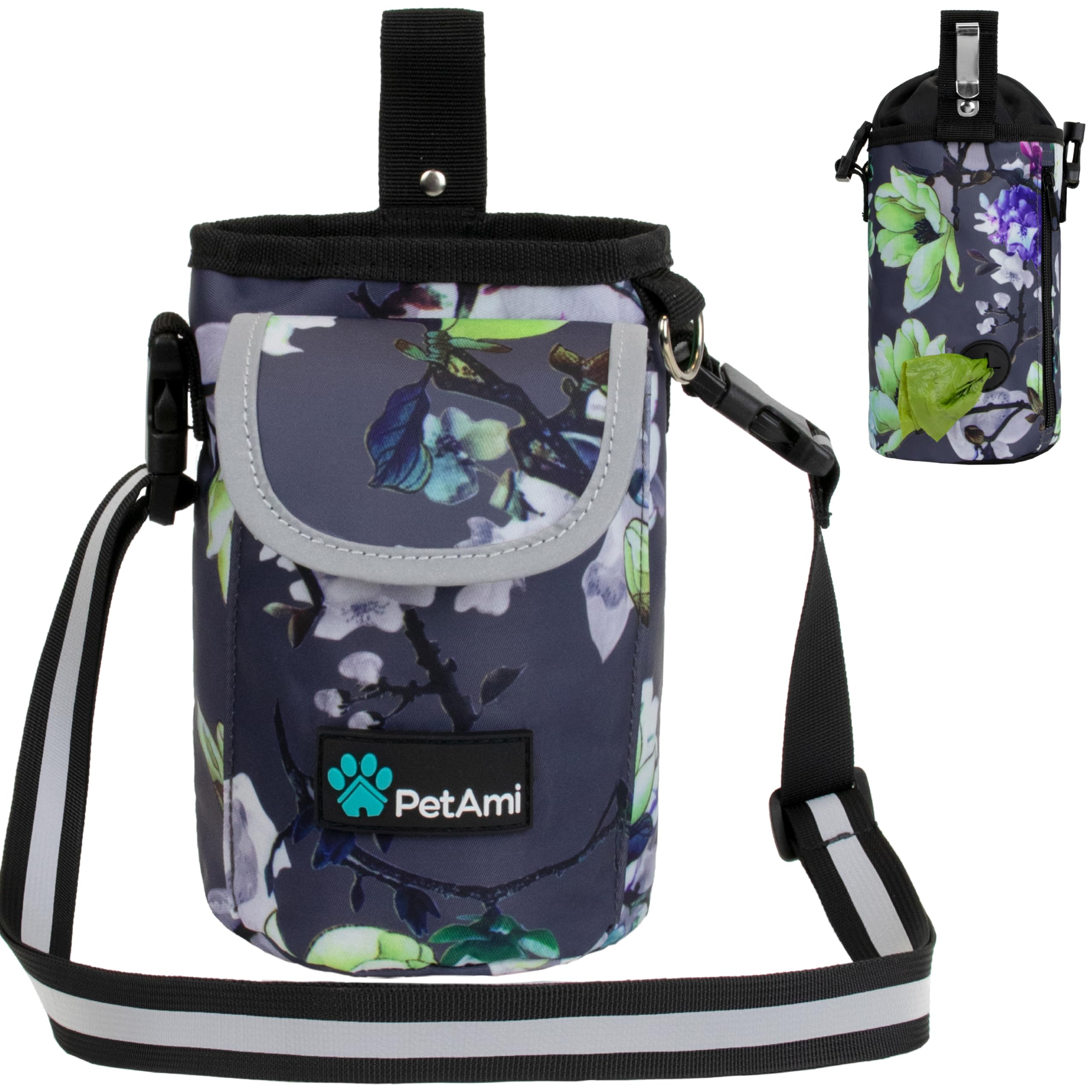 PetAmi Dog Treat Pouch, Large Dog Training Treat Bag with Adjustable Waist Belt, Built-in Poop Bag Dispenser & Multiple Storage Pockets, Hands-Free Dog Walking & Training Accessory (Floral Grey)