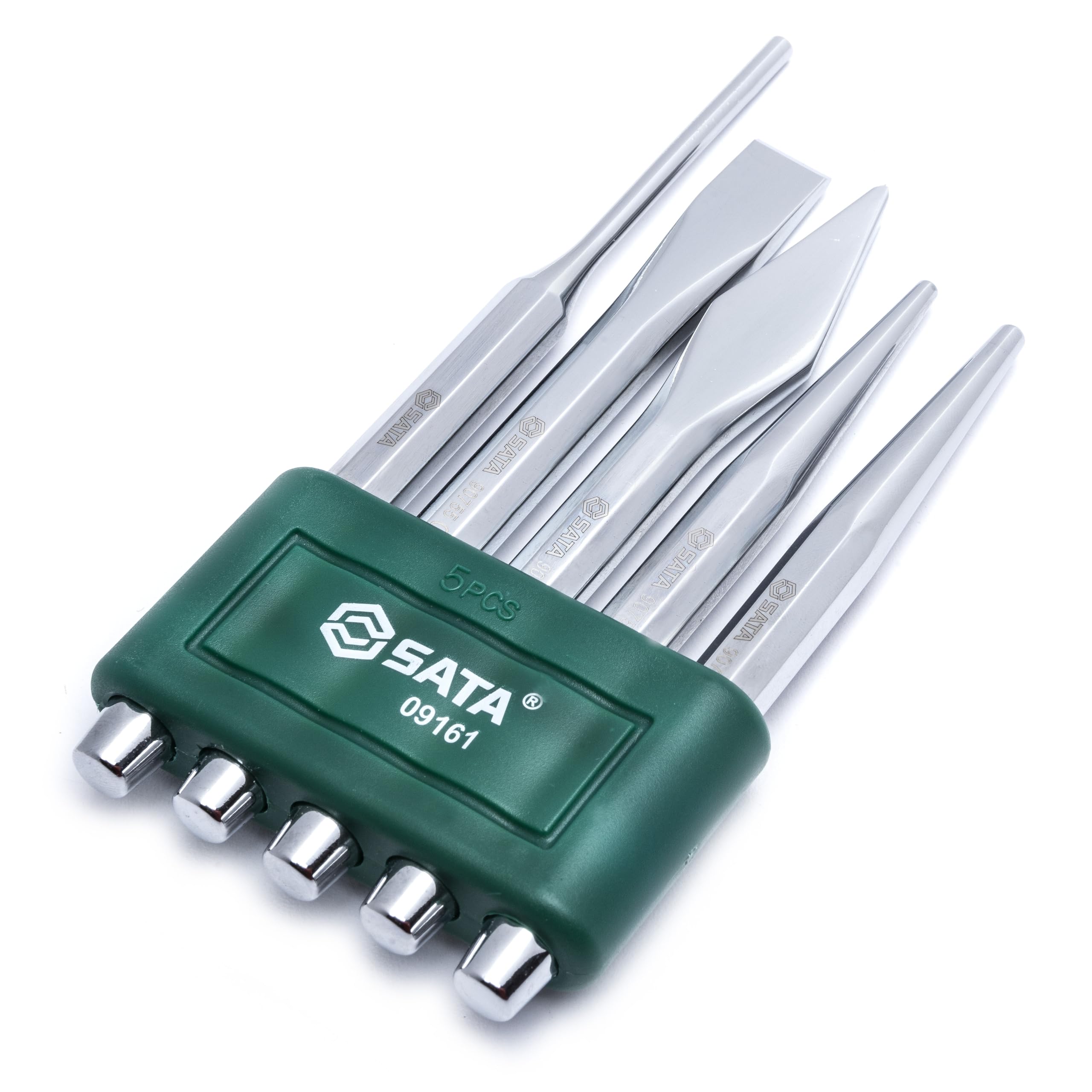 SATA ST09161SJ 5-Piece Professional Punch and Chisel Set with a Chromate Finish and Strong CR-V Steel Construction, Green