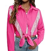 MYMORE Womens Sparkly Fringe Cropped Button Down Shirt Rolled 3/4 Sleeve Tie Front Top Western Cowgirl Rodeo Outfit