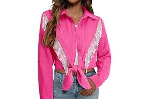 MYMORE Womens Rhinestone Fringe Cropped Button Down Shirt Rolled 3/4 Sleeve Tie Front Top Western Cowgirl Rodeo Outfit