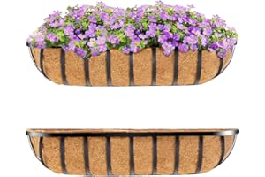 HFHOME 30" Window Box Deck Railing Planter with Horse Trough Coco Liners, Black Metal Hanging Flower Planters Baskets for Indoor, Outdoor, Balcony, Porch, Fence, Patio, and Lawn (Set of 2)