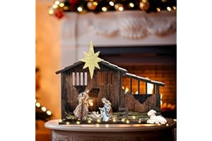 Cinnvoice 14 x 11 Christmas Wooden Nativity Stable with Fence and Roof Star Nativity Manger Nativity Scene Set 2 Simulated Withered Grass with Light String Nativity Stable Creche (Without Figurines)