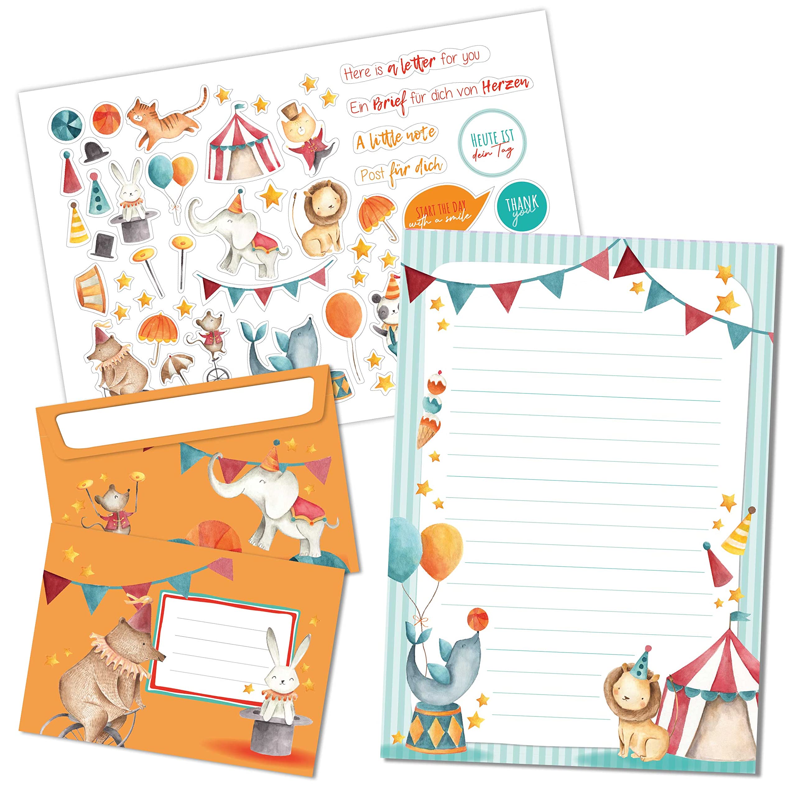 Papierdrachen Writing Paper Set - 50 Colourfully Printed Sheets - Writing Paper with Sticker Sheet - 20 Printed Envelopes - Gift Idea for Children - Circus — image 1