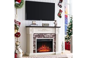 AITJUNZ 43" Electric Fireplace with Mantel, Electric Fireplace Heater, TV Stand w/Freestanding Electric Fireplaces, Stacked Stone Surround, Remote Control, Adjustable Flame Level for Living Room (White)