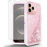 Asuwish Phone Case for iPhone 13 Pro 6.1 inch with Screen Protector Bling Liquid Glitter Clear Hybrid Military Grade Protective Heavy Duty Cell Cover iPhone13Pro 5G i i-Phone i13 iPhone13 13Pro Pink