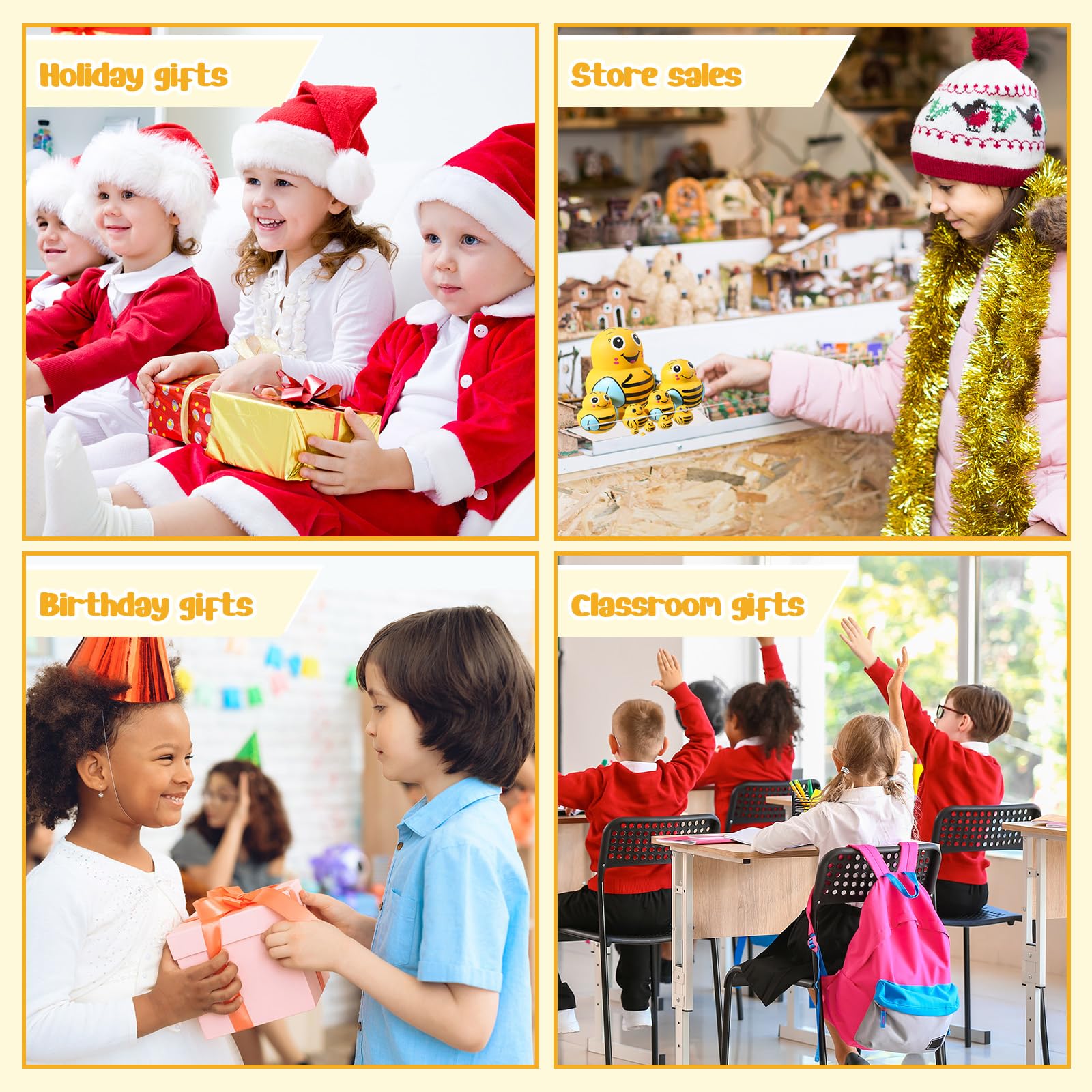 Seenelling 10 Pcs Wooden Handmade Russian Nesting Dolls Toys Animal Russian Cute Nesting Dolls for Christmas Home Decor Birthday Gift(Yellow Bee)