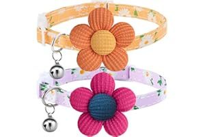 Cat Collar, HANSHILAI Kitten Collar with Bells, Cat Collar Breakaway, Cute Cat Collar for Girl Boy with Flower,Collar para Gatos (2 Pack) (Flower Yellow & Purple)