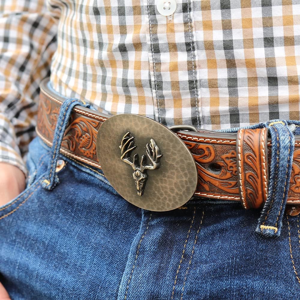 Montana Silversmiths Small Hammered Finish Western Belt Buckle (Deer Skull Oval Hammered): Clothing