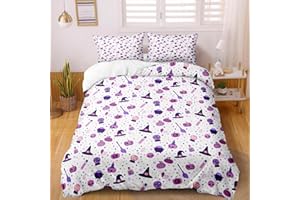 Merryword Purple Halloween Duvet Cover Set King Size Cartoon Halloween Bedding Set for Kids Girls Boys Magic Hat Pumpkin Lantern Pattern Cute Purple Halloween Bedding Set