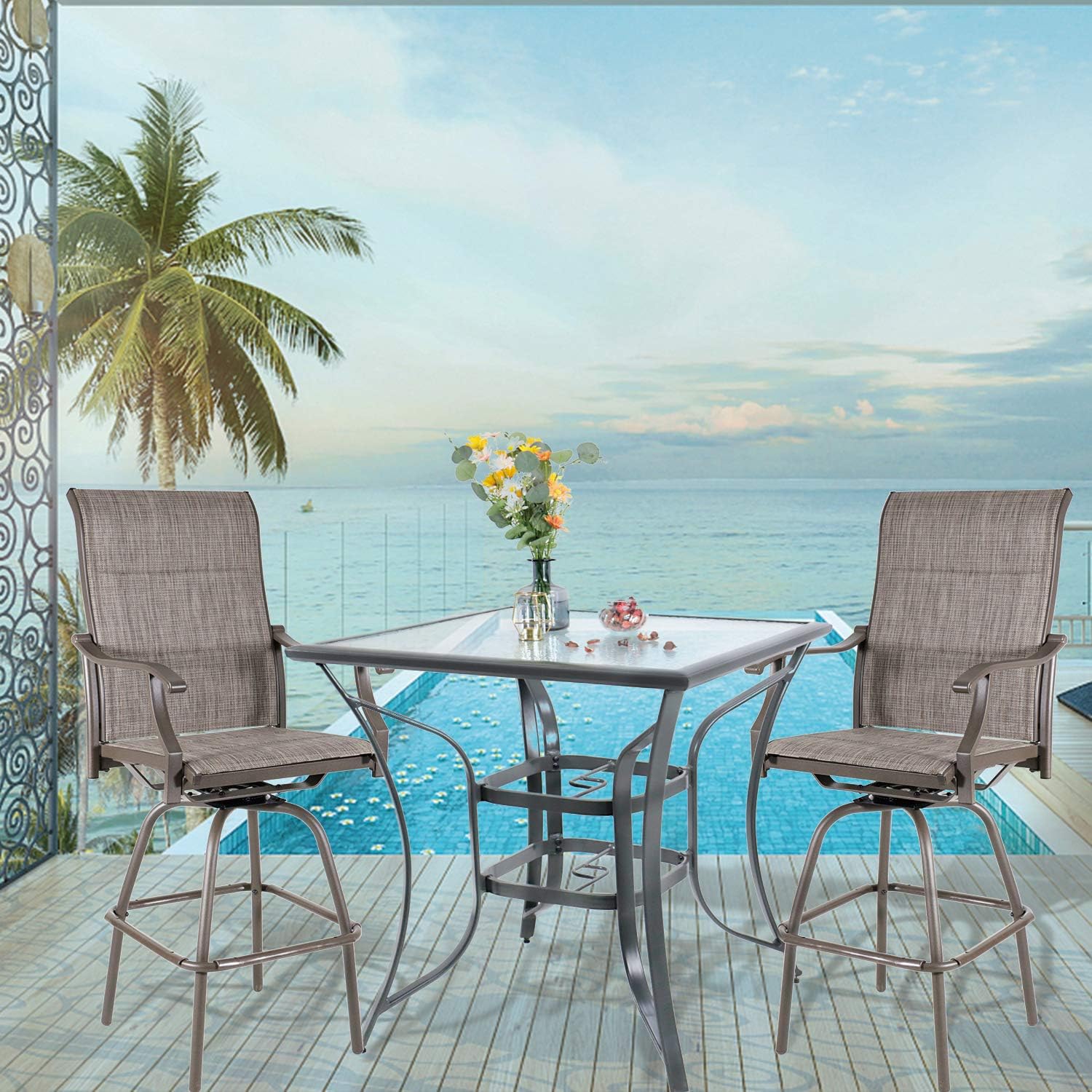 Welnow 36" Outdoor Patio Dining Bar Table Aluminum Square Bistro Table Height Bar Table Outdoor Furniture Garden Backyard Table, Ripple Tempered Glass Table Top with Umbrella Hole, Deep-Gray: Kitchen & Dining