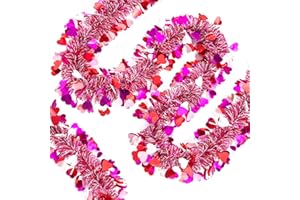 CIPOWM 50.8FT Valentine's Day Heart Tinsel Garland, Red White Pink Metallic Twist Foil Tinsel Garland with Heart Ornament Hanging Garland for Valentine's Day Wedding Birthday Party Indoor Outdoor Decoration