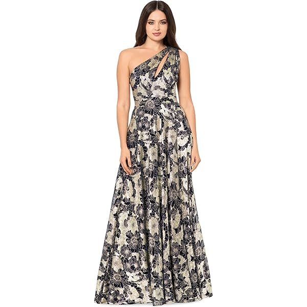 Amazon.com: Betsy & Adam Women's Long Sleeveless One Shoulder Metallic  Print Gown, Navy/Gold, 2 : Clothing, Shoes & Jewelry