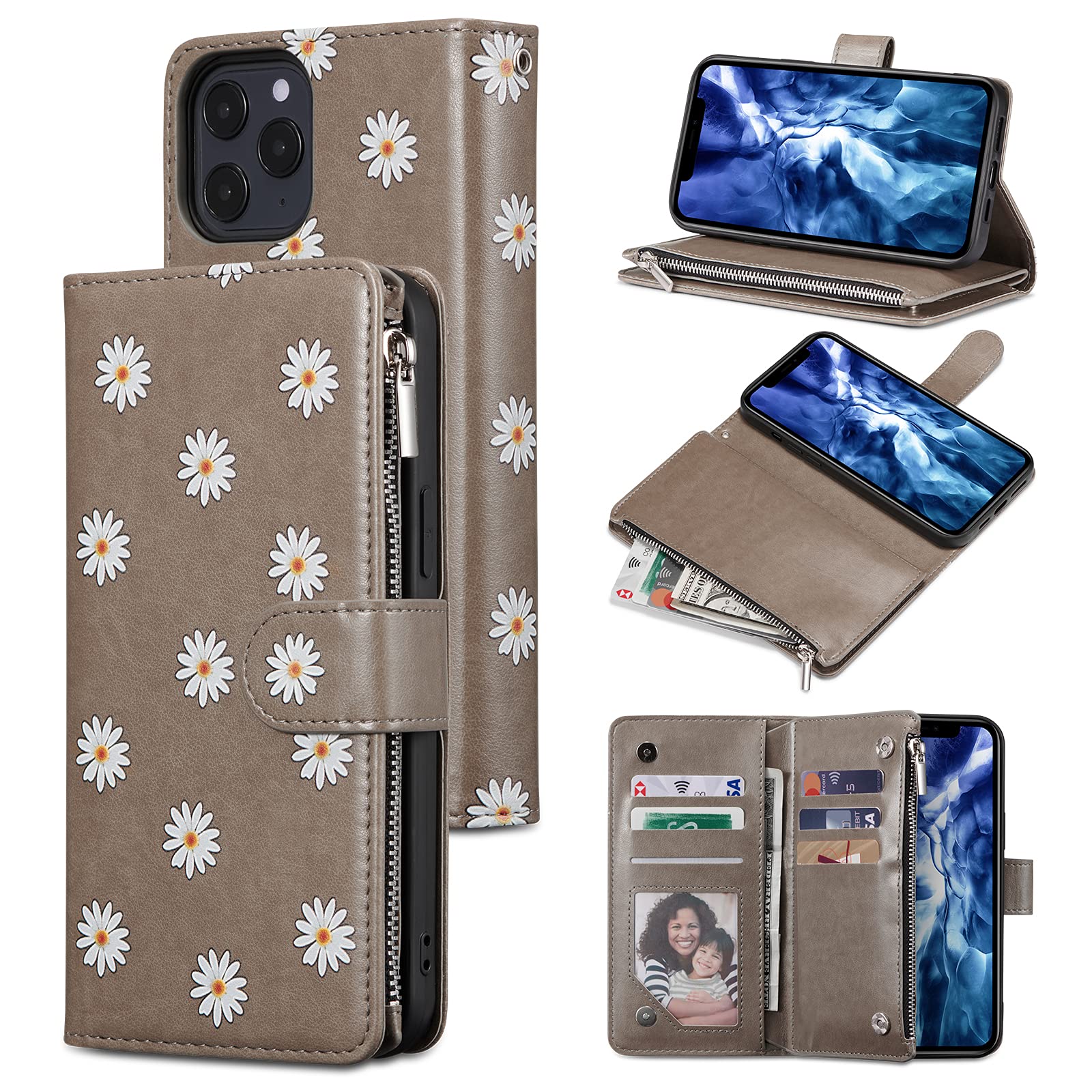 UEEBAI Wallet Case for iPhone 13 Pro 6.1 inch, Premium Vintage PU Leather Magnetic Closure Handbag Zipper Pocket Case Kickstand Card Holder Slots Wrist Strap TPU Shockproof Flip Cover - Daisy Grey — image 1