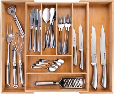 Organizador de gavetas - Talheres de gaveta de cozinha extensíveis 46x34-56,5x6 cm - Caixa organizadora de utensílios até 8 compartimentos - Para utensílios de cozinha, óculos de sol e mais - Bambu