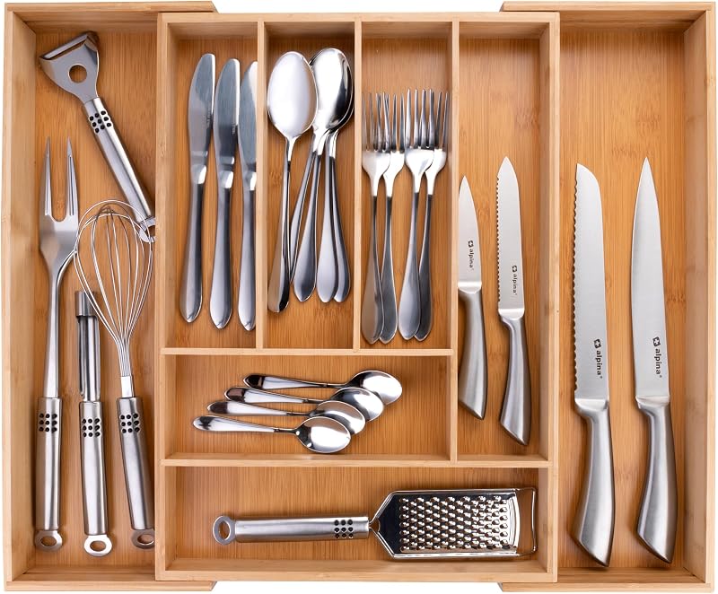 Organizador de gavetas - Talheres de gaveta de cozinha extensíveis 46x34-56,5x6 cm - Caixa organizadora de utensílios até 8 compartimentos - Para utensílios de cozinha, óculos de sol e mais - Bambu