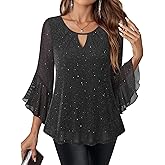 VALOLIA Womens Sparkly Tops Dressy Ruffle 3/4 Sleeve Blouses Glitter Cocktail Party Evening Shirts