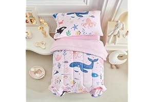 Joyreap 4 Piece Toddler Bedding Set for Girls- Ocean Theme Pink Design, Microfiber Toddler Bedding Comforter Set for All Seasons