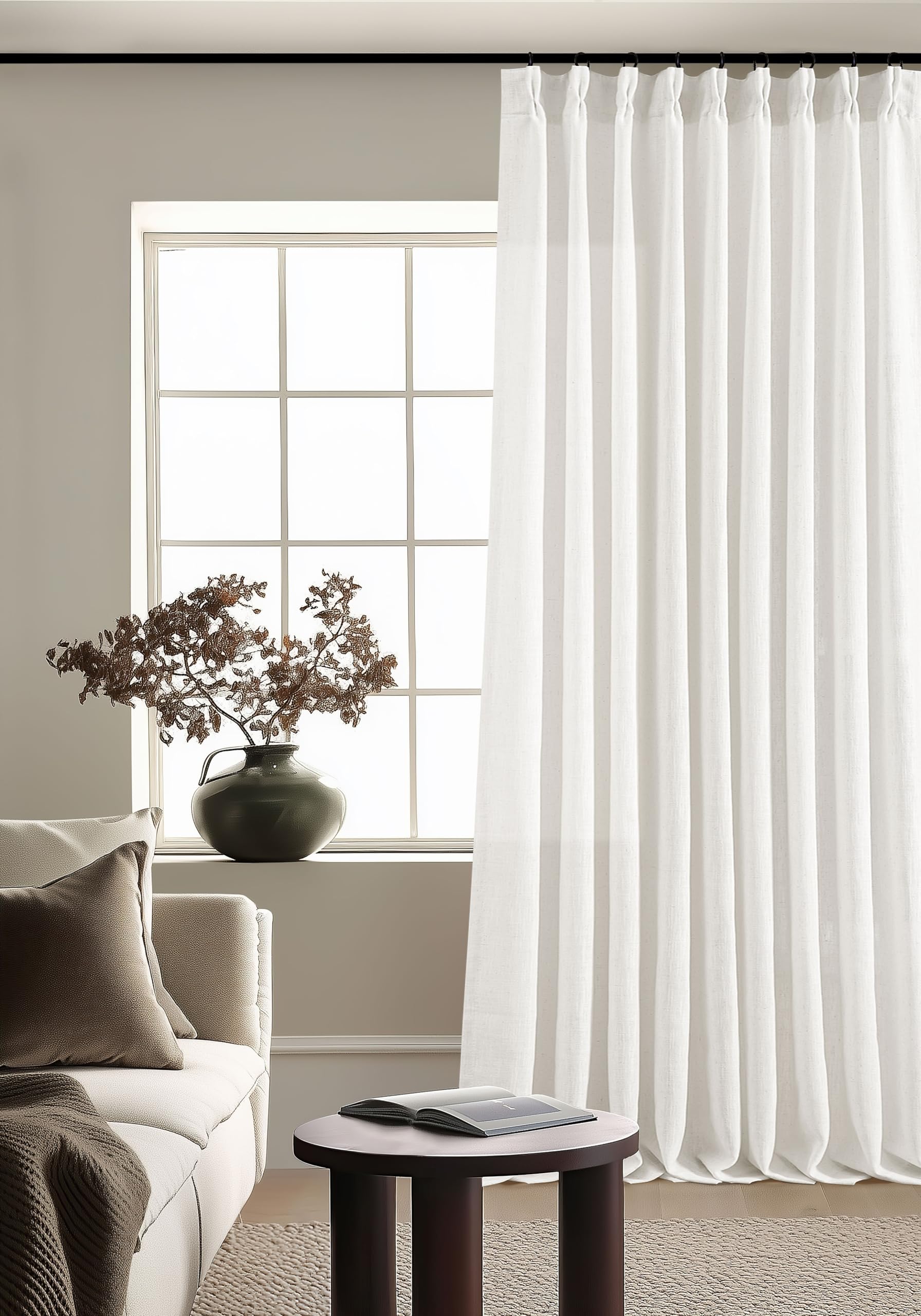 Photo 1 of 90 Inches Long Linen Curtains 60 Inch Width Pinch Pleated 90 Inch Length for Living Room Bedroom Ivory Off White Semi Sheer Back Tab Hooks Rings Pinch Pleat Curtains for Patio Glass Door 1 Panel