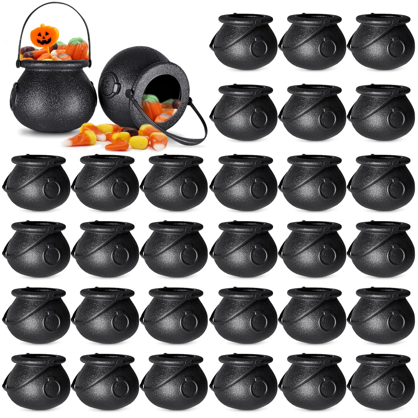 Photo 1 of 30 Pack Halloween Plastic Candy Cauldrons,Mini Black Witch Candy Buckets with Handles for Party Favors,Holiday Decor,Trick or Treat