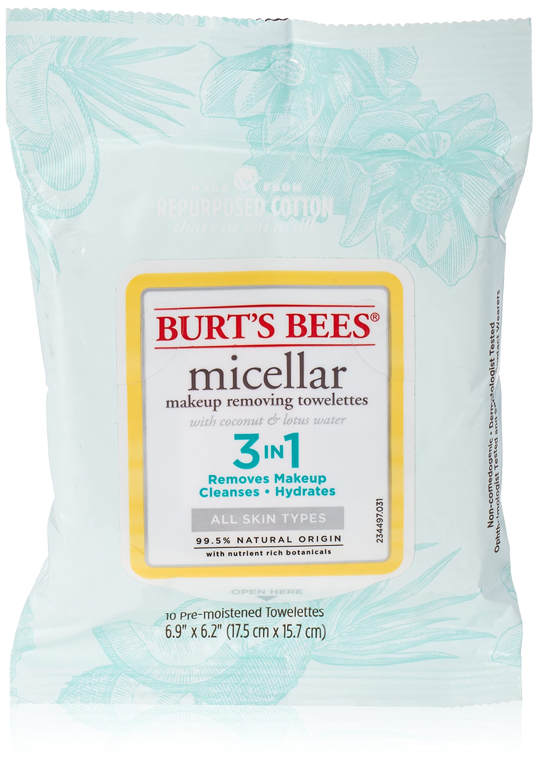 Burts Bees Micellar Makeup Removing Towelettes - Coconut and Lotus Water for Women 10 Count Towelettes