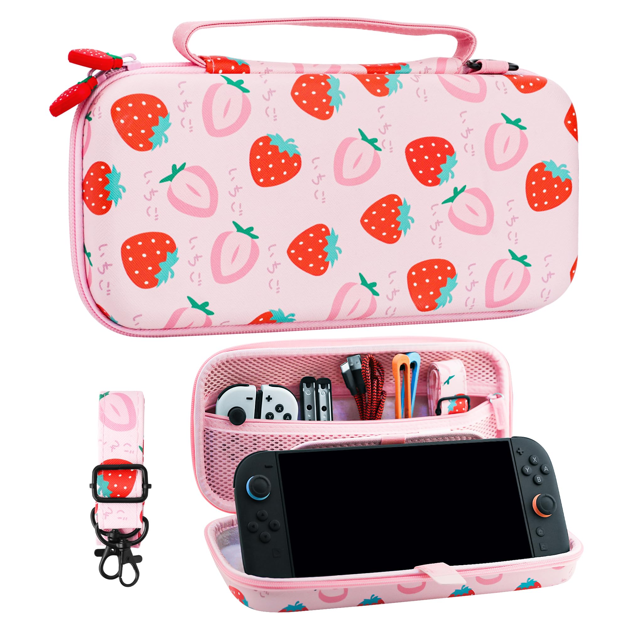 HYPERCASE Pink Strawberry Switch 2 Carrying Case Cute Girly Pouch, Portable Accessories Travel Bag Compatible with Nintendo Switch 2 2025 Console, Large Capacity Storage with Shoulder Strap