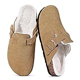 KIDMI Women's Fur Lined Suede Clogs Fuzzy Cork